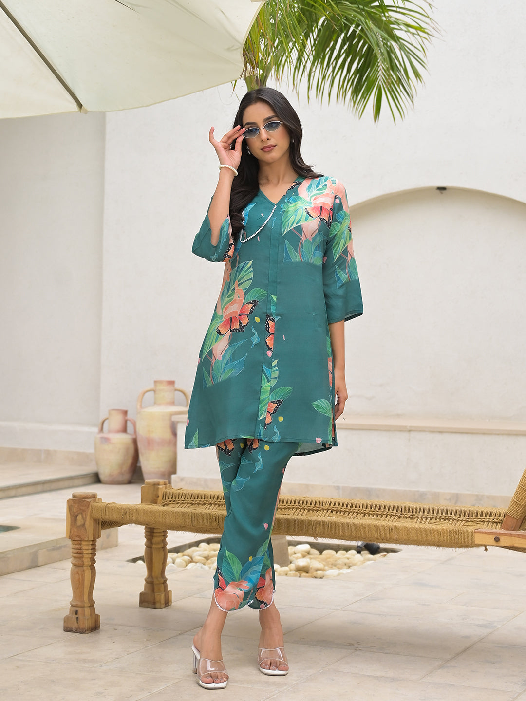Dark Green Digital Printed Muslin Co-ord set — view 1