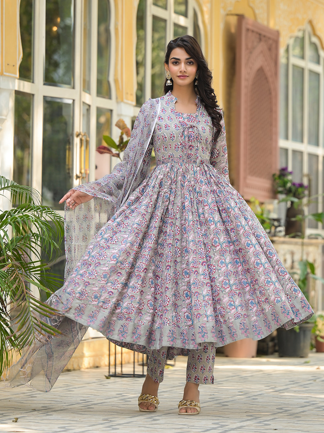 Grey Floral Print Cotton Anarkali Kurta Trouser with Dupatta Set — view 1