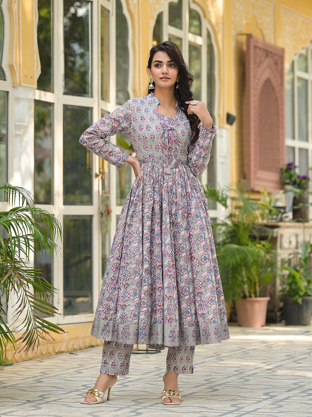 Divena Grey Floral Print Cotton Anarkali Kurta Trouser with Dupatta Set