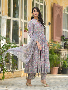 Divena Grey Floral Print Cotton Anarkali Kurta Trouser with Dupatta Set