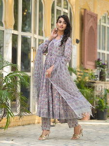 Divena Grey Floral Print Cotton Anarkali Kurta Trouser with Dupatta Set