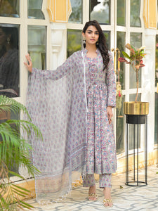 Divena Grey Floral Print Cotton Anarkali Kurta Trouser with Dupatta Set