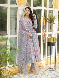 Divena Grey Floral Print Cotton Anarkali Kurta Trouser with Dupatta Set