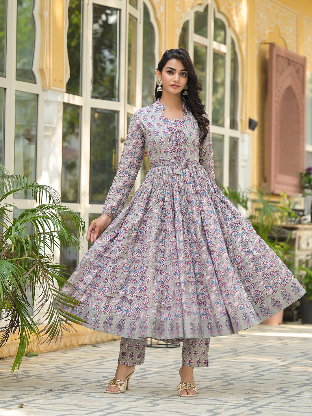 Divena Grey Floral Print Cotton Anarkali Kurta Trouser with Dupatta Set