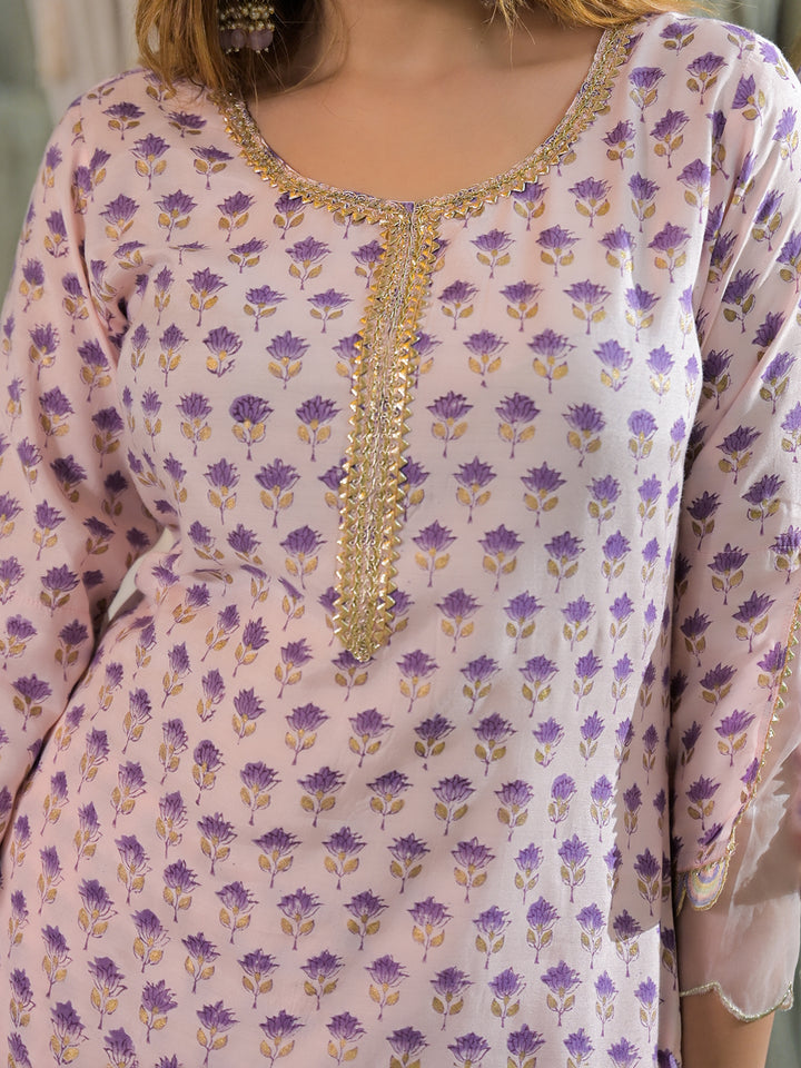 Divena Purple Hand Block Muslin Straight Kurta Pant With Dupatta