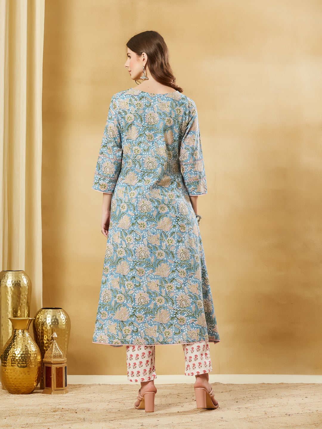 Divena Sky Blue Cotton A-line Kurta Pant Set