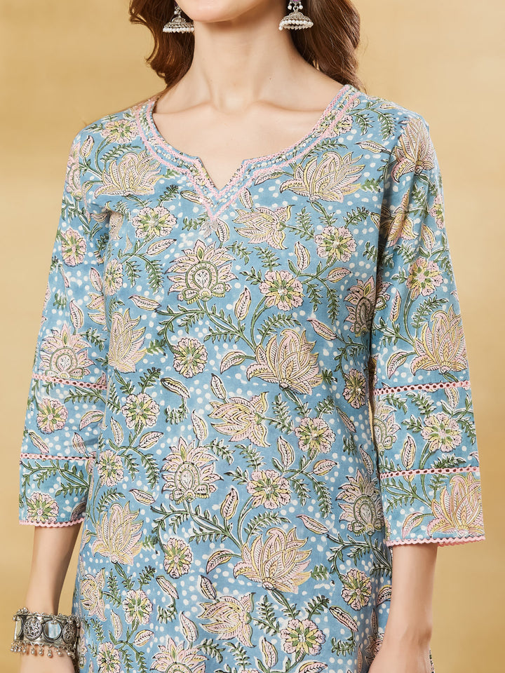 Divena Sky Blue Cotton A-line Kurta Pant Set