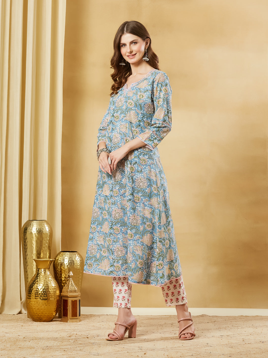 Divena Sky Blue Cotton A-line Kurta Pant Set