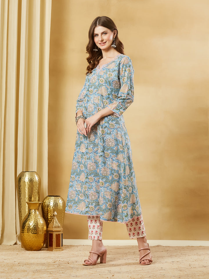 Divena Sky Blue Cotton A-line Kurta Pant Set
