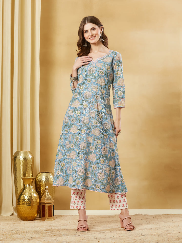 Divena Sky Blue Cotton A-line Kurta Pant Set