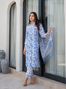 Divena Sky Blue HandBlock Floral Print Kurta Pant Dupatta Set