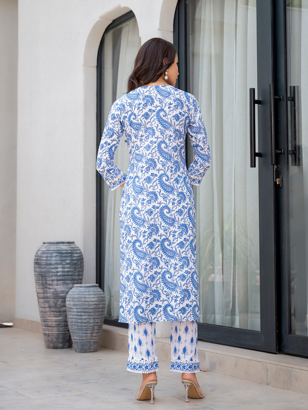 Divena Sky Blue HandBlock Floral Print Kurta Pant Dupatta Set