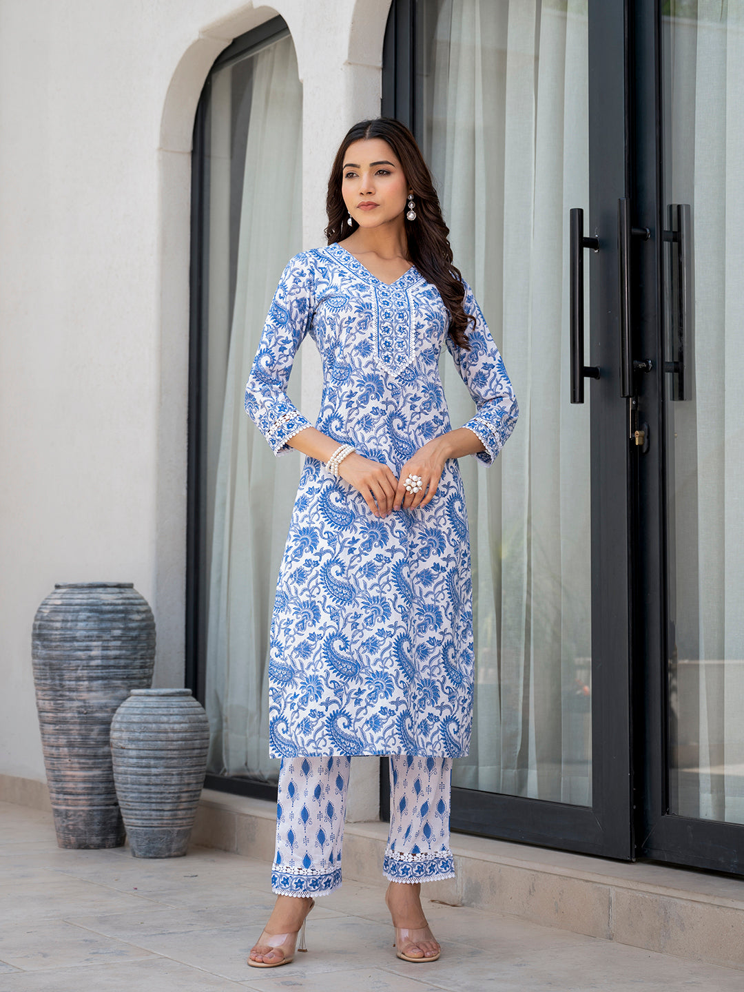 Divena Sky Blue HandBlock Floral Print Kurta Pant Dupatta Set