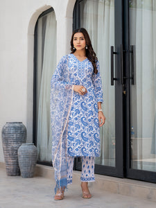 Divena Sky Blue HandBlock Floral Print Kurta Pant Dupatta Set