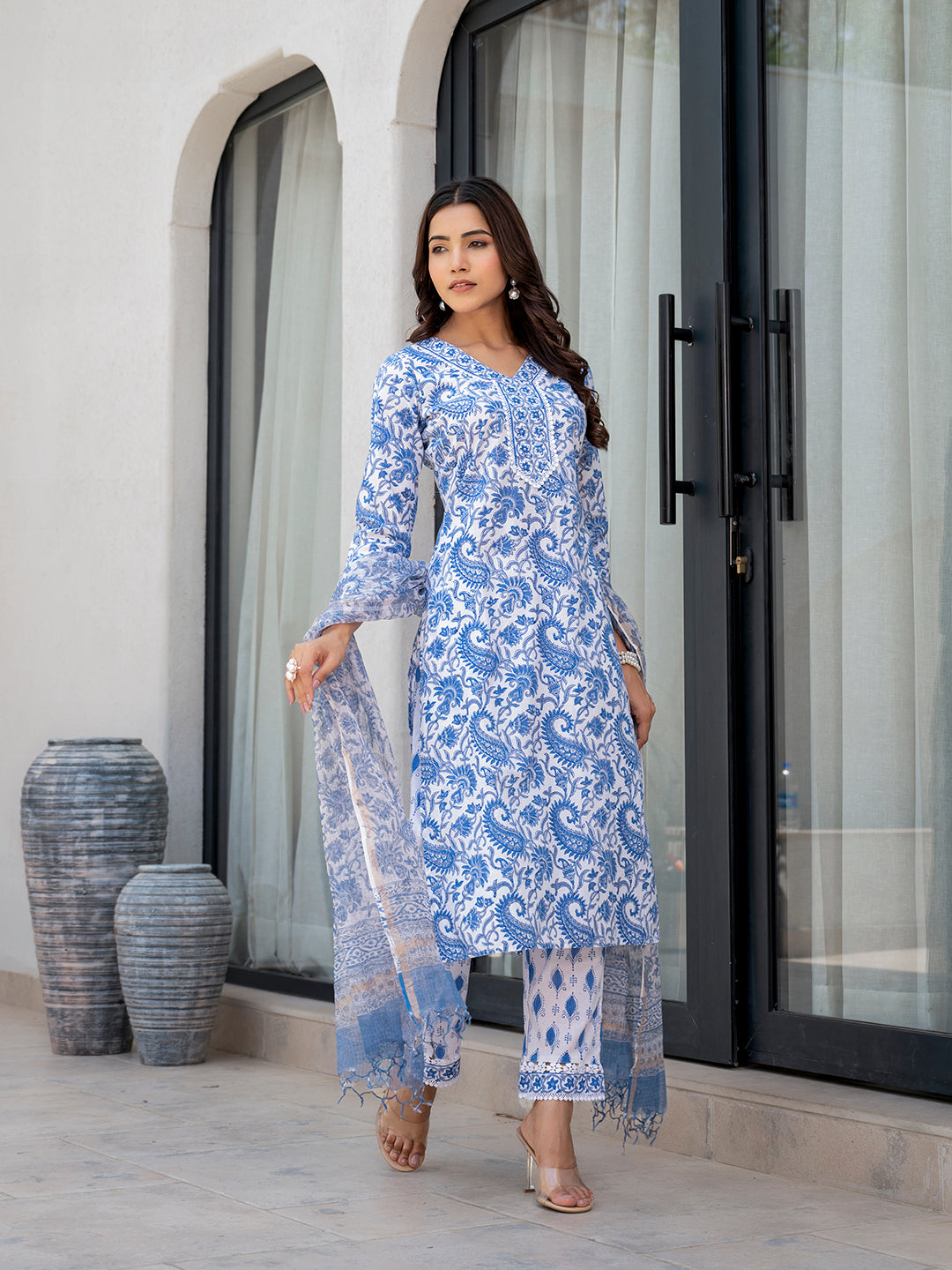 Sky Blue HandBlock Floral Print Kurta Pant Dupatta Set — view 1