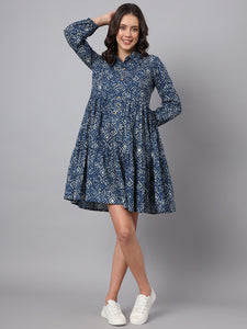 Divena Blue Floral Print Cotton Midi Dress