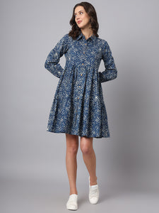 Divena Blue Floral Print Cotton Midi Dress