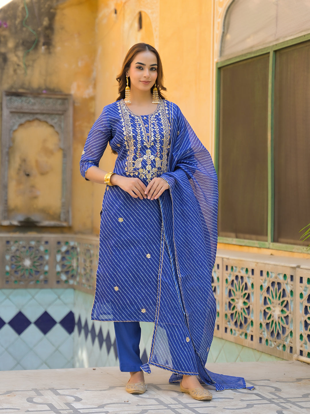 Blue Leheriya Kota Doria Kurta Pant With Dupatta — view 1