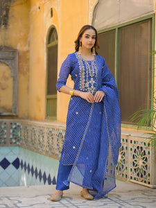 Divena Blue Leheriya Kota Doria Kurta Pant With Dupatta