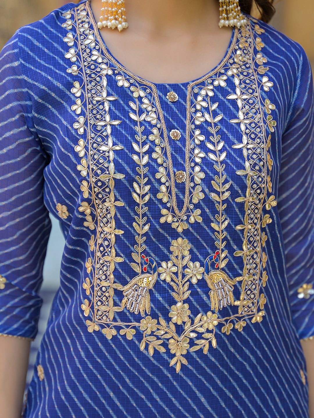 Divena Blue Leheriya Kota Doria Kurta Pant With Dupatta