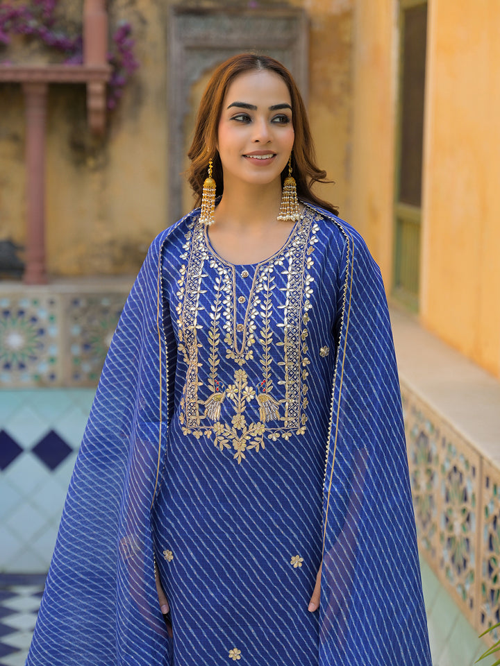 Divena Blue Leheriya Kota Doria Kurta Pant With Dupatta