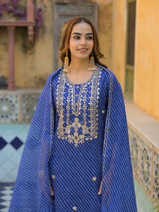 Divena Blue Leheriya Kota Doria Kurta Pant With Dupatta