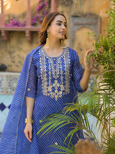 Divena Blue Leheriya Kota Doria Kurta Pant With Dupatta