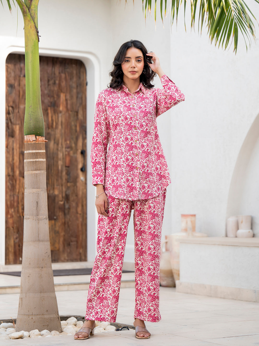 Red Floral Printed Rayon Co-ord Set — view 1