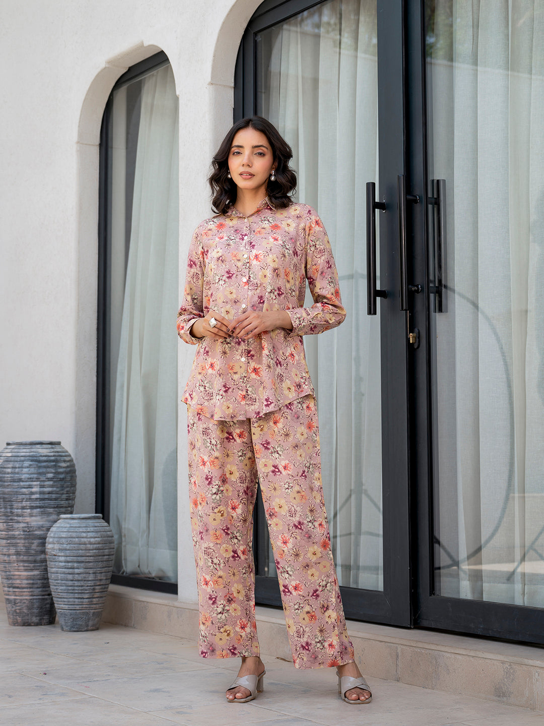 Purple Multi Floral Printed Rayon Co-ord Set — view 1