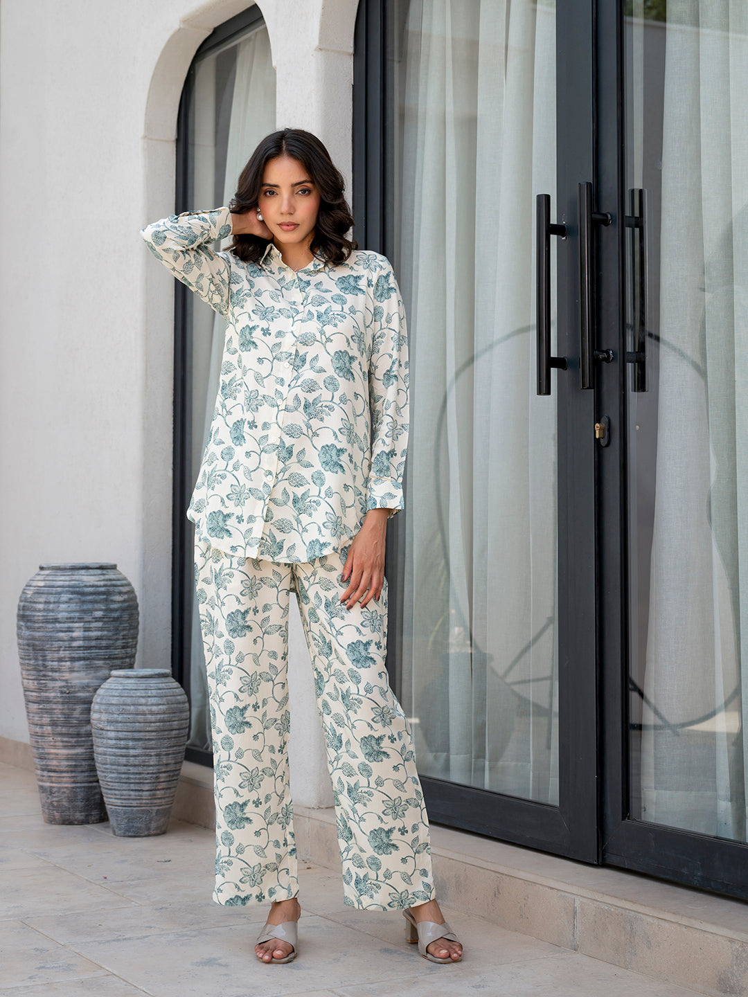 White & Green Floral Printed Rayon Co-ord Set — view 1