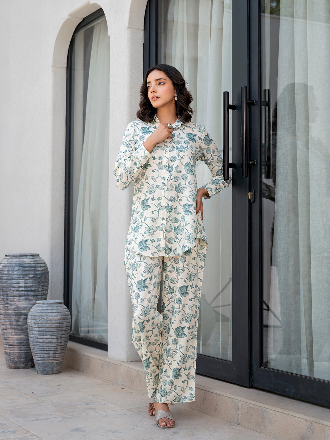 Divena White & Green Floral Printed Rayon Co-ord Set