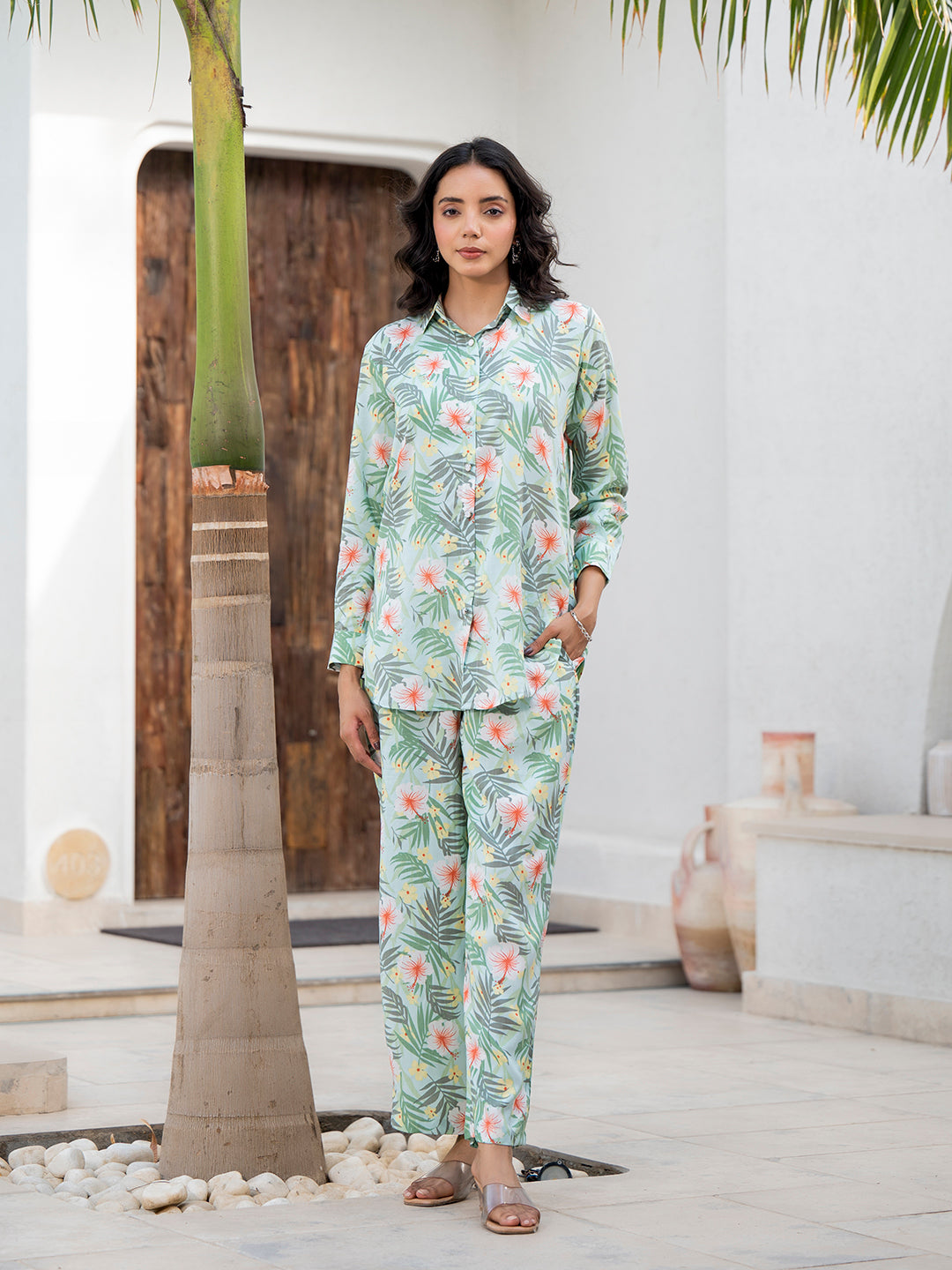 Sky Blue Floral Printed Rayon Co-ord Set — view 1