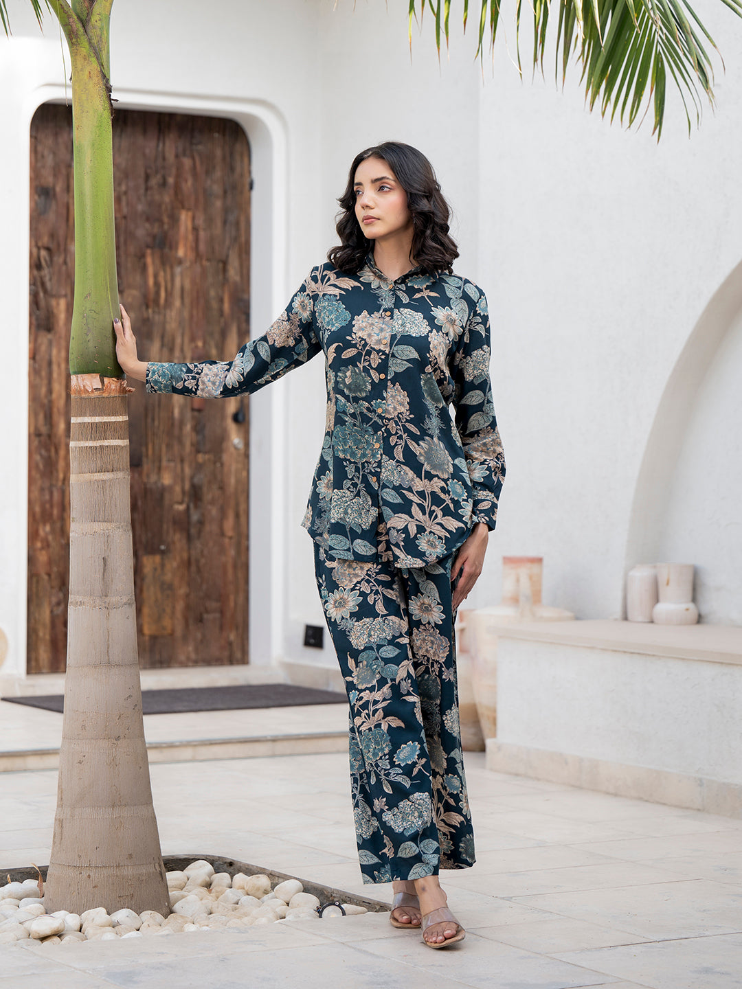 Bottle green Floral Printed Rayon Co-ord Set for Women — view 1