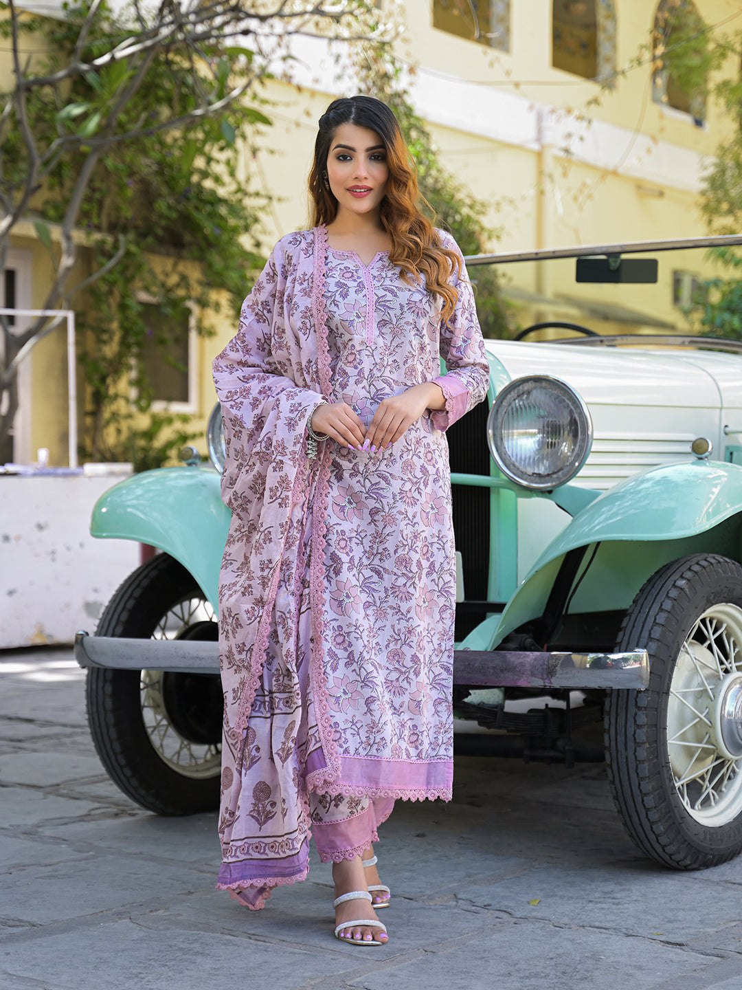 Light Purple Floral Printed kurta Pant with Dupatta — view 1