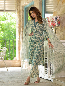 Divena Bottle Green Floral Print Cotton Kurta Set for Women