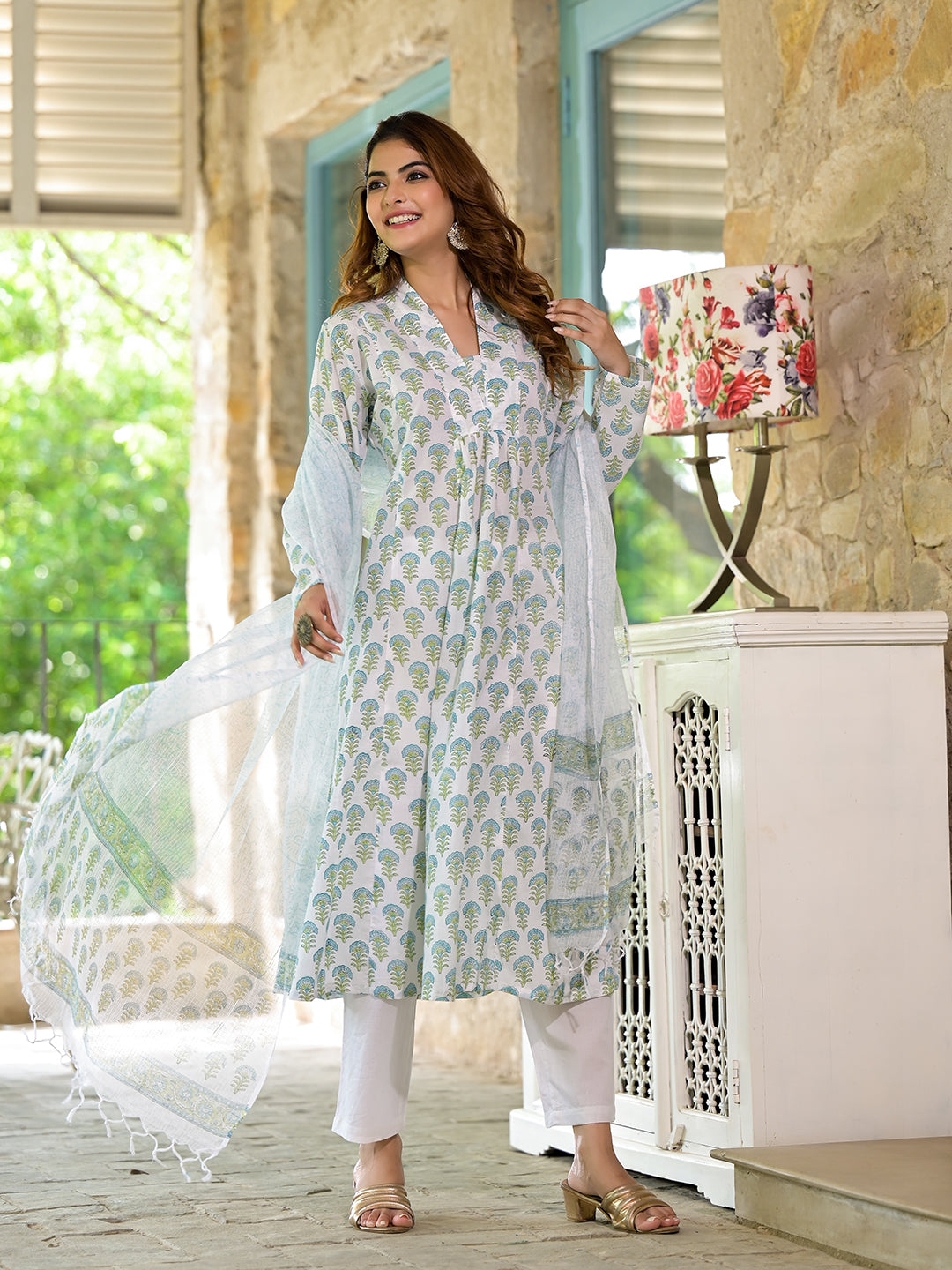 White & Green Floral Handblock Printed Cotton Anarkali Kurta Set — view 1
