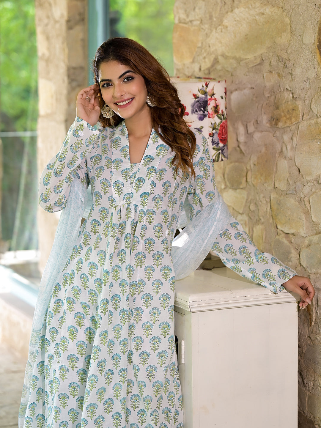 Divena White & Green Floral Handblock Printed Cotton Anarkali  Kurta Set