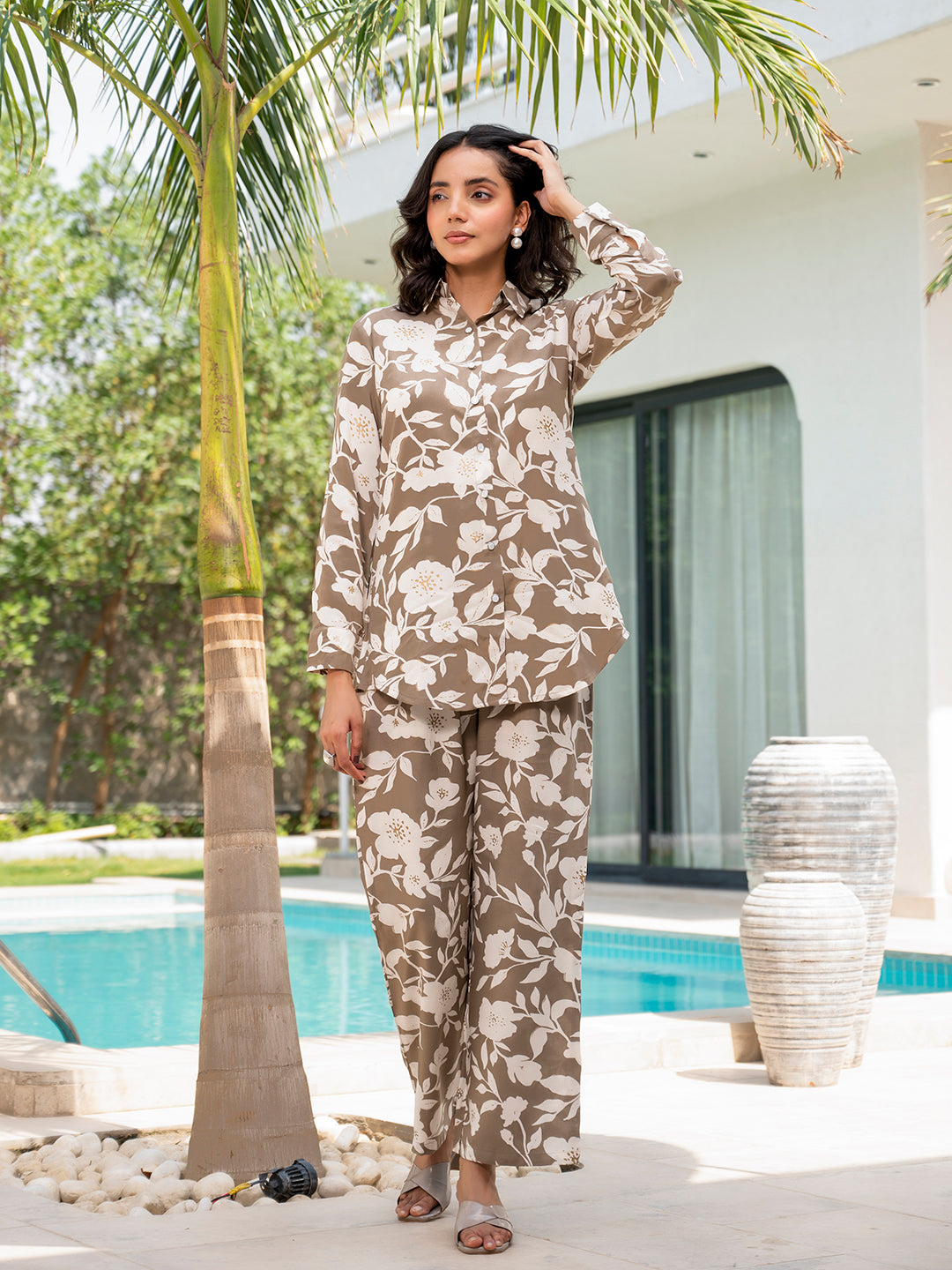 Brown & White Floral Printed Rayon Co-ord Set — view 1