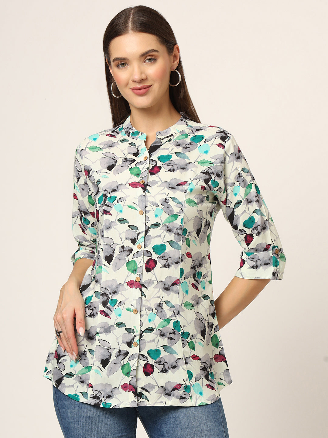 Multicolor Printed Rayon Fabric Shirt Style Top — view 1