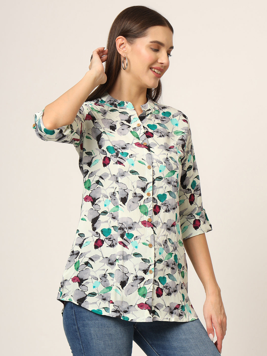 Divena Multicolor Printed Rayon Fabric Shirt Style Top