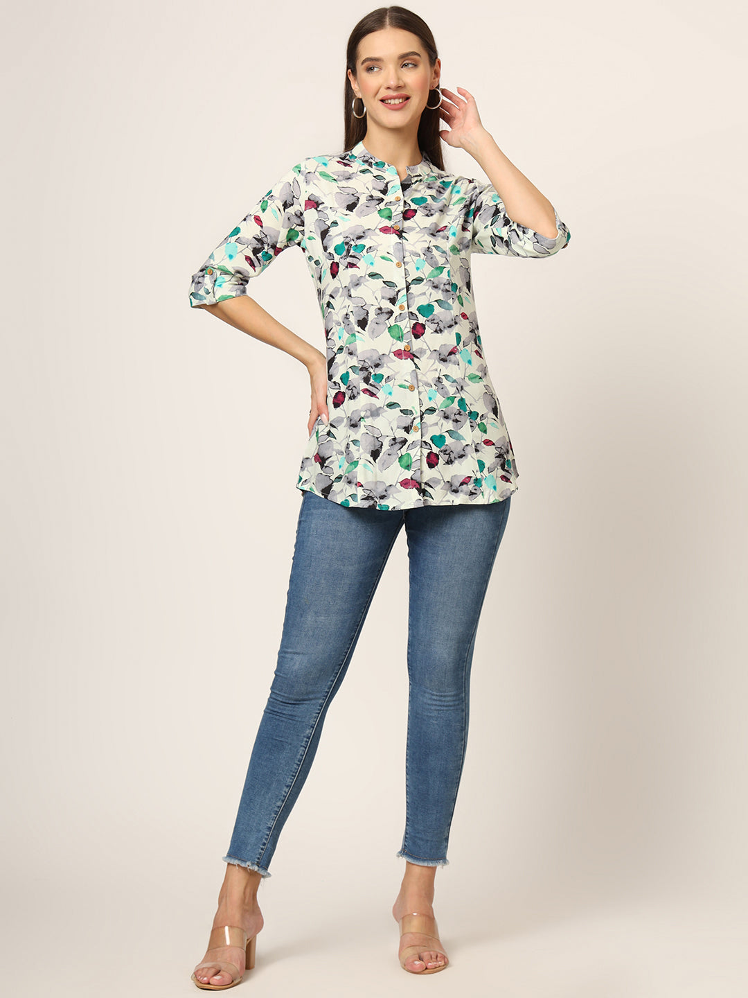 Divena Multicolor Printed Rayon Fabric Shirt Style Top