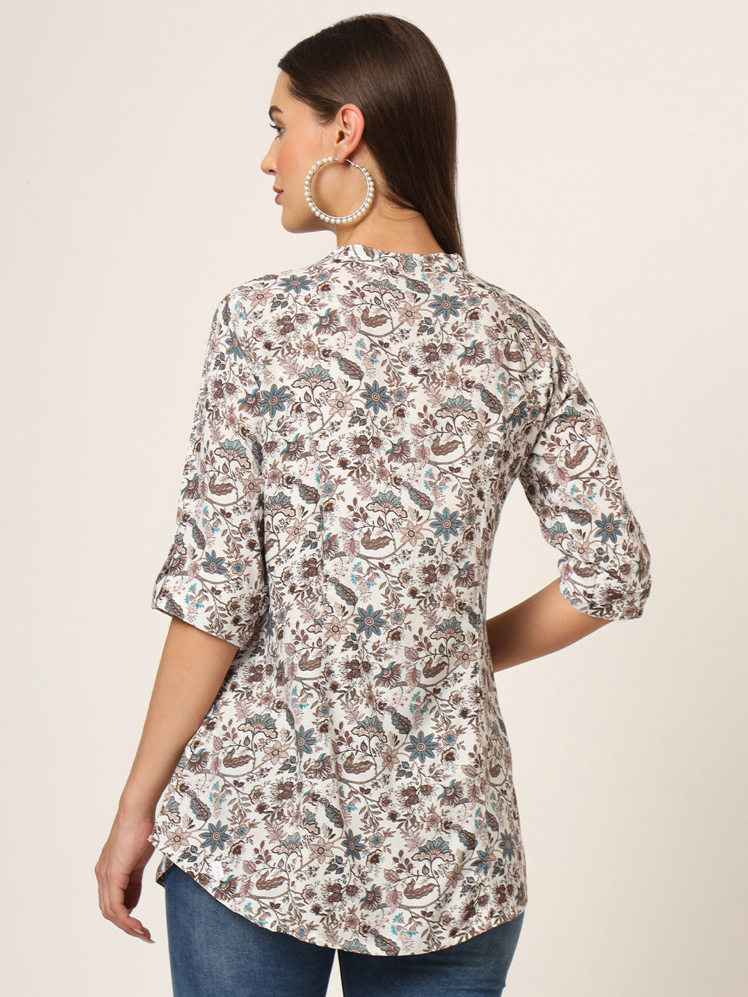 Divena White & Brown Printed Rayon Fabric Shirt Style Top