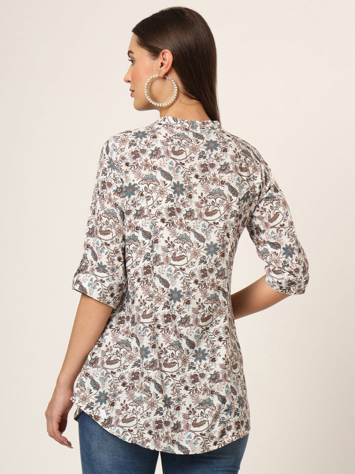 Divena White & Brown Printed Rayon Fabric Shirt Style Top