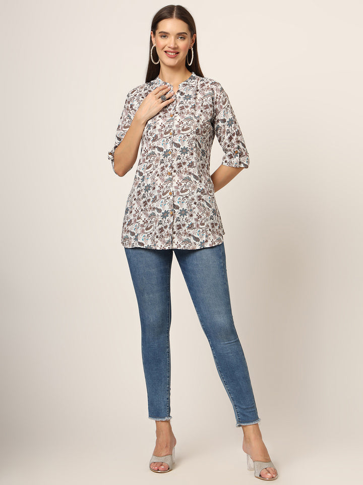 Divena White & Brown Printed Rayon Fabric Shirt Style Top