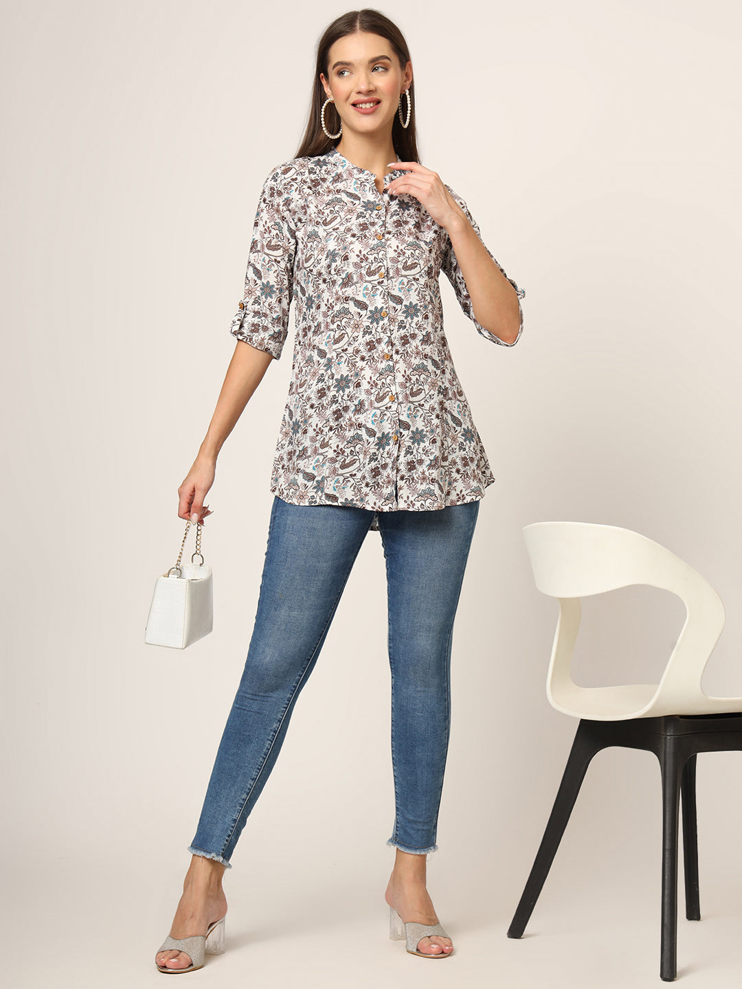 Divena White & Brown Printed Rayon Fabric Shirt Style Top