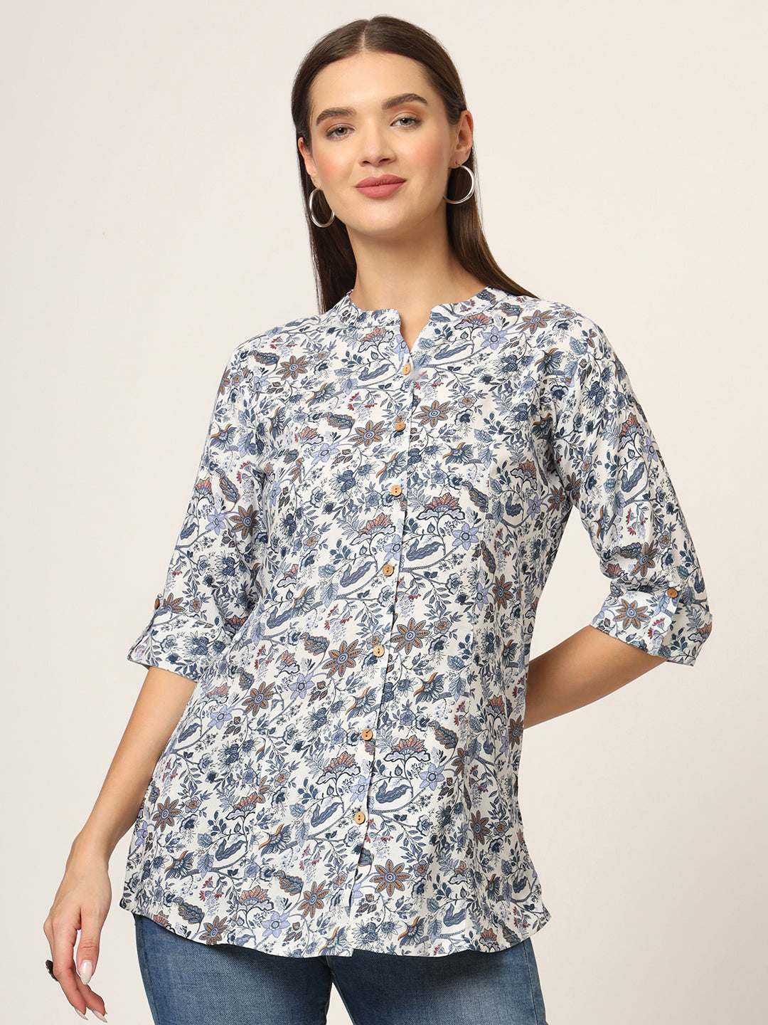 Blue Printed Rayon Fabric Shirt Style Top — view 1