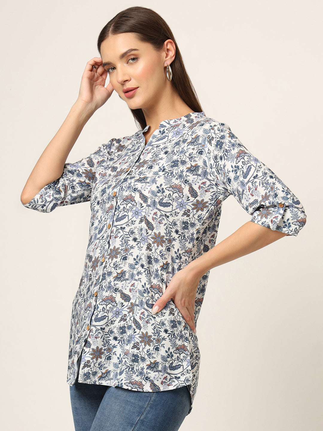 Divena Blue Printed Rayon Fabric Shirt Style Top