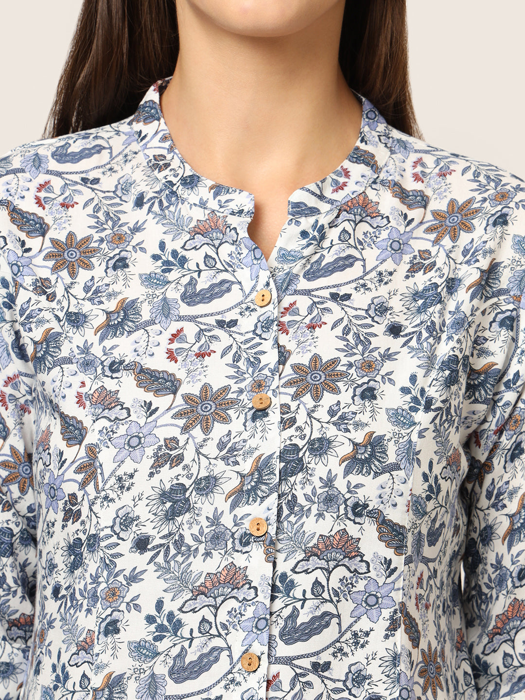 Divena Blue Printed Rayon Fabric Shirt Style Top