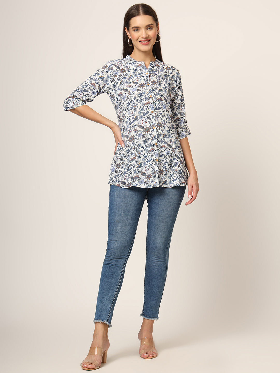 Divena Blue Printed Rayon Fabric Shirt Style Top