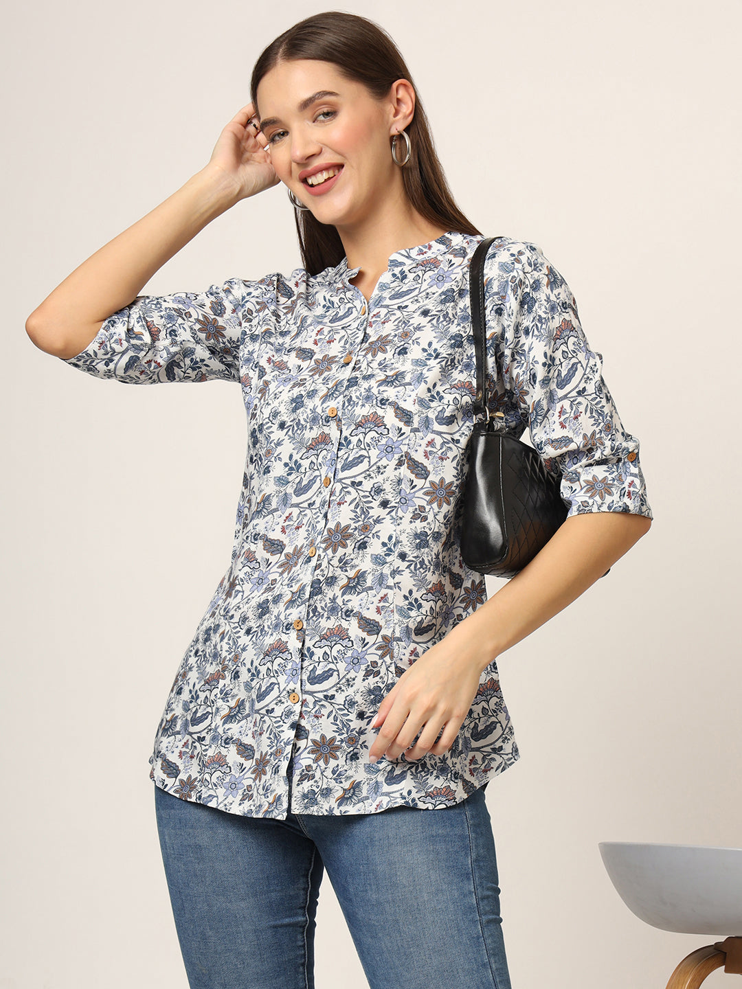 Divena Blue Printed Rayon Fabric Shirt Style Top